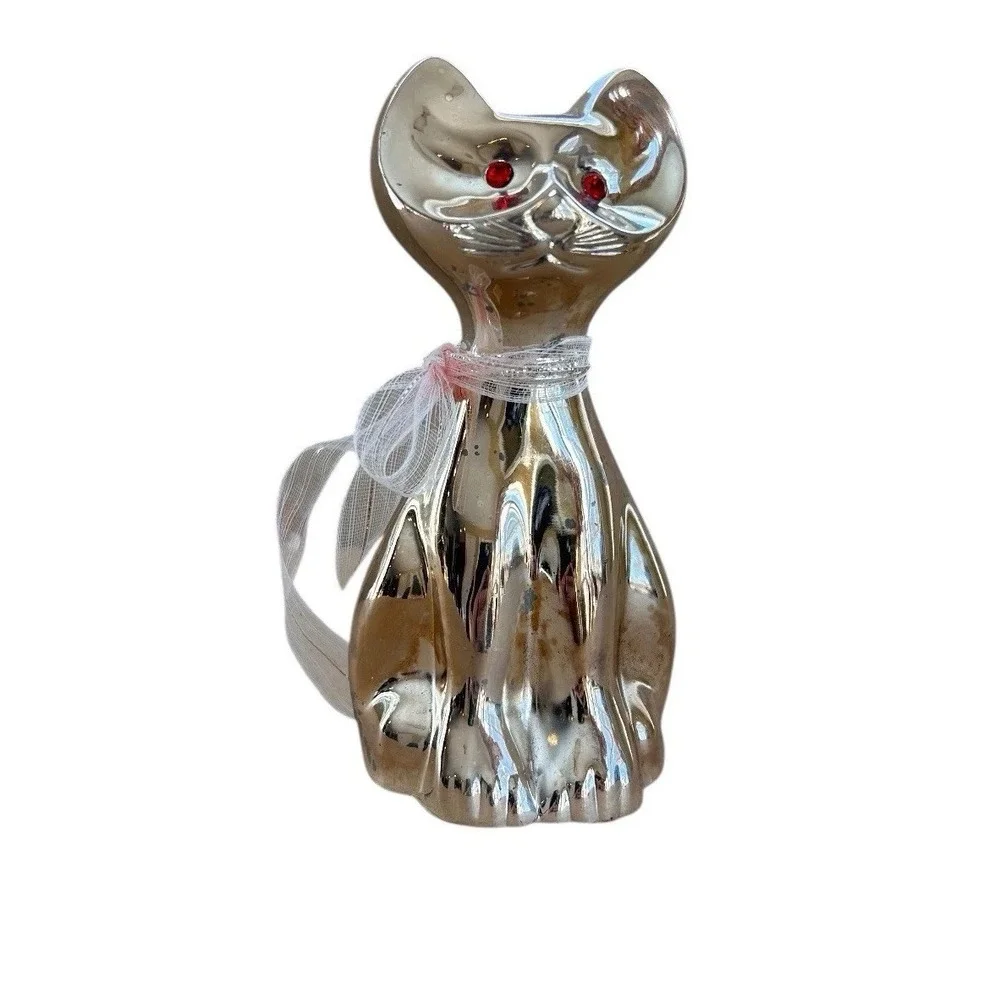 Vintage MCM‎ Chrome Cat Figurine Red Rhinestone Eyes Made in Japan